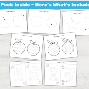 May include: A collection of white activity sheets with black line drawings for tracing and coloring. The sheets include shapes, apples, and line tracing exercises. The title "A Peek Inside - Here's What's Included" is at the top.