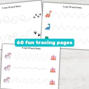 Op de afbeelding: Een set van 60 printbare traceerpagina's voor kinderen. Elke pagina heeft een ander dier of object, zoals een beer, een kuiken, een dinosaurus, een eenhoorn en een kasteel. De pagina's zijn ontworpen om kinderen te helpen leren lijnen te traceren en hun fijne motoriek te verbeteren. De tekst op de pagina luidt "Ik kan lijnen traceren."
