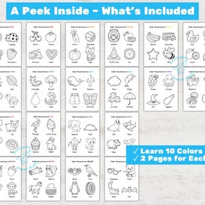 May include: A collection of printable coloring pages featuring various objects, each labeled with a color. The pages include images of an apple, ladybug, cherry, tomato, carrot, basketball, and more. The text at the top says "A Peek Inside - What's Included".
