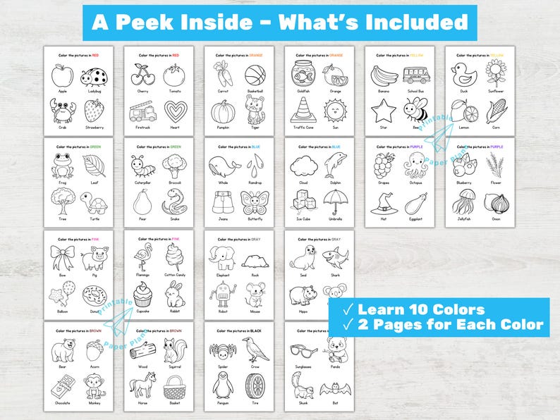May include: A collection of printable coloring pages featuring various objects, each labeled with a color. The pages include images of an apple, ladybug, cherry, tomato, carrot, basketball, and more. The text at the top says "A Peek Inside - What's Included".