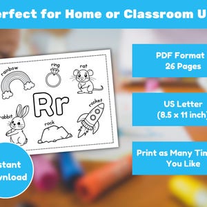 May include: Black and white printable worksheet featuring the letter "Rr" with illustrations of a rainbow, ring, rat, rabbit, rock, and rocket. Includes the text "Perfect for Home or Classroom Use", "PDF Format - 26 Pages", and "US Letter (8.5 x 11 inch)".