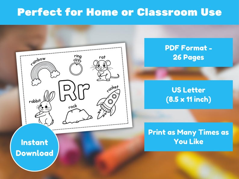 May include: Black and white printable worksheet featuring the letter "Rr" with illustrations of a rainbow, ring, rat, rabbit, rock, and rocket. Includes the text "Perfect for Home or Classroom Use", "PDF Format - 26 Pages", and "US Letter (8.5 x 11 inch)".