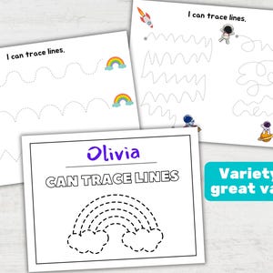 Op de afbeelding: Drie afdrukbare werkbladen voor kinderen om het traceren van lijnen te oefenen. De werkbladen bevatten een regenboog, een zon en een astronaut. De tekst "Ik kan lijnen traceren" staat op elk werkblad. De tekst "Olivia CAN TRACE LINES" staat op het onderste werkblad.