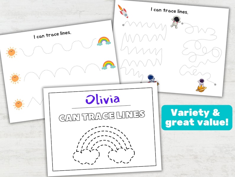 Op de afbeelding: Drie afdrukbare werkbladen voor kinderen om het traceren van lijnen te oefenen. De werkbladen bevatten een regenboog, een zon en een astronaut. De tekst "Ik kan lijnen traceren" staat op elk werkblad. De tekst "Olivia CAN TRACE LINES" staat op het onderste werkblad.