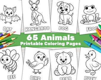 Puede incluir: Páginas para colorear imprimibles con varios animales, como un murciélago, un canguro, un perro, una rana, una abeja, un pájaro, un oso y un pato. El título "65 Animales Páginas para colorear imprimibles" está en verde.