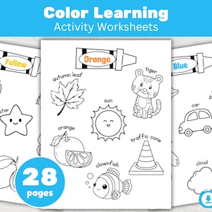 May include: Black and white activity worksheets for color learning. The worksheets feature illustrations of objects like a duck, star, orange, tiger, and kite, along with color names. The text "Color Learning Activity Worksheets" is at the top.