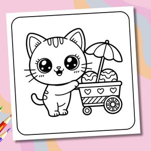 May include: Black and white line art illustration of a cute cartoon cat holding an ice cream cart. The cart has three scoops of ice cream under a small umbrella. The cart is decorated with hearts.