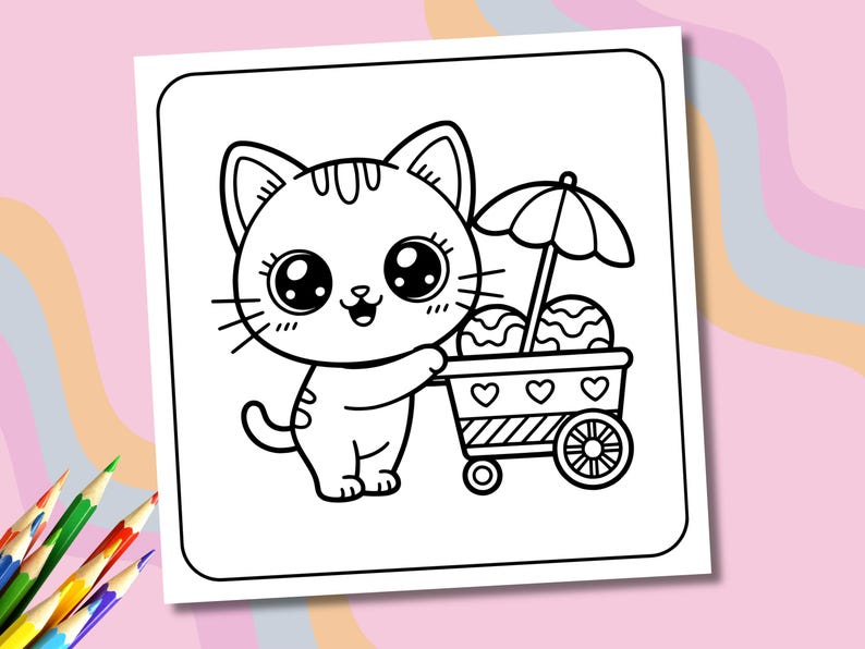 May include: Black and white line art illustration of a cute cartoon cat holding an ice cream cart. The cart has three scoops of ice cream under a small umbrella. The cart is decorated with hearts.
