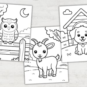 May include: Three black and white coloring pages featuring cartoon animals. One shows an owl perched on a fence under a crescent moon. Another depicts a goat, and the third shows a dog in a doghouse.
