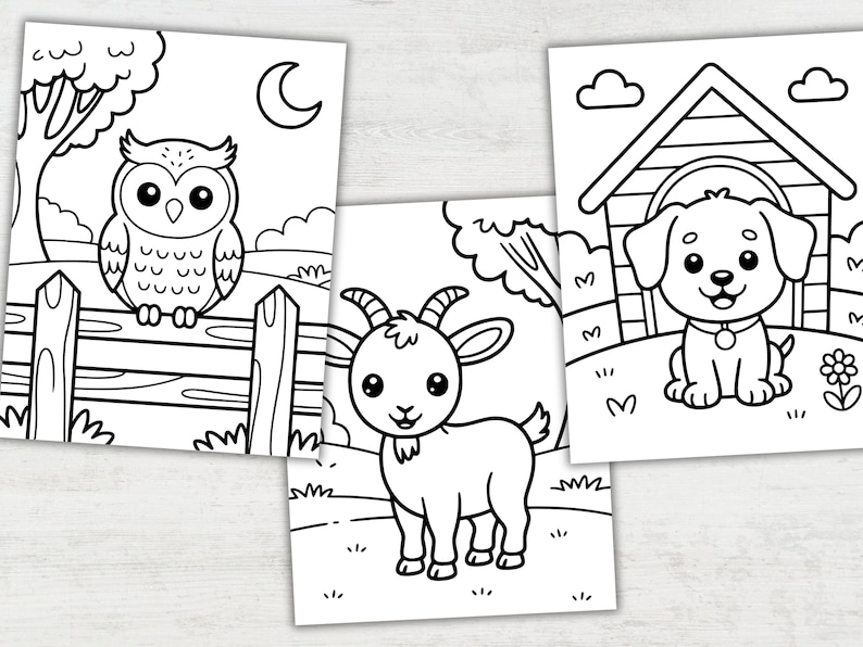 May include: Three black and white coloring pages featuring cartoon animals. One shows an owl perched on a fence under a crescent moon. Another depicts a goat, and the third shows a dog in a doghouse.