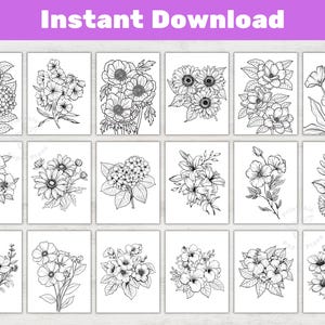 K&ouml;nnte beinhalten: Eine Sammlung von sechzehn schwarz-wei&szlig;en Blumenillustrationen, jeweils auf wei&szlig;em Hintergrund. Die Bilder zeigen verschiedene Blumenarten, darunter Hortensien, G&auml;nsebl&uuml;mchen und Lilien. Der Text "Instant Download" wird oben angezeigt.