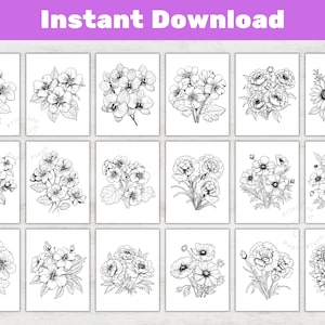 K&ouml;nnte beinhalten: Eine Sammlung von 15 schwarz-wei&szlig;en Blumenillustrationen, jeweils auf wei&szlig;em Hintergrund. Die Bilder zeigen verschiedene Blumenarrangements, darunter Str&auml;u&szlig;e und einzelne Bl&uuml;ten. Der Text "Instant Download" befindet sich oben.