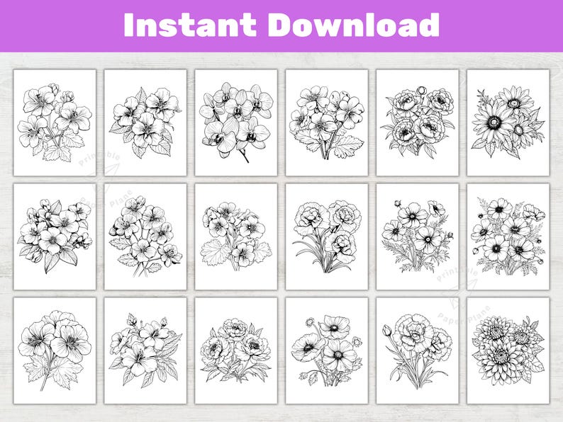K&ouml;nnte beinhalten: Eine Sammlung von 15 schwarz-wei&szlig;en Blumenillustrationen, jeweils auf wei&szlig;em Hintergrund. Die Bilder zeigen verschiedene Blumenarrangements, darunter Str&auml;u&szlig;e und einzelne Bl&uuml;ten. Der Text "Instant Download" befindet sich oben.