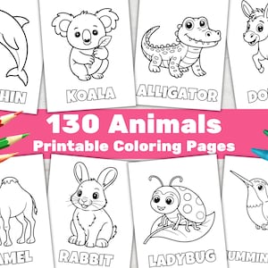 Könnte beinhalten: Ausmalbilder mit verschiedenen Tieren, darunter ein Delfin, Koala, Alligator und Esel. Der Titel "130 Tiere Ausmalbilder" ist rosa. Buntstifte sind sichtbar. Jedes Tier ist schwarz umrandet.