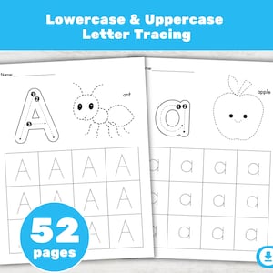 Pode incluir: Duas folhas de trabalho brancas com o texto "Lowercase & Uppercase Letter Tracing". Uma folha mostra a letra "A" e uma formiga, a outra mostra a letra "a" e uma maçã. As folhas têm exercícios de traçado e o texto "52 páginas".