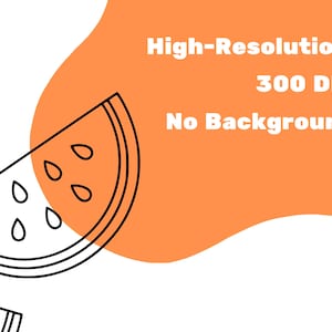 Puede incluir: Dibujo en blanco y negro de una rebanada de sand&iacute;a sobre un fondo blanco con un fondo naranja detr&aacute;s. El texto "Alta resoluci&oacute;n 300 DPI Sin fondo" est&aacute; en el fondo naranja.