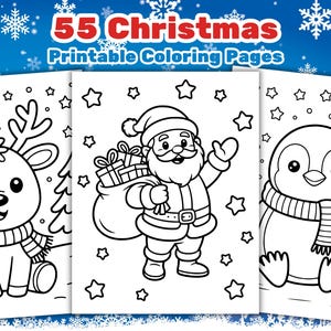 May include: A set of three Christmas-themed coloring pages featuring a reindeer, Santa Claus, and a penguin. The pages are black and white line drawings with a festive design, including stars and snowflakes. The top banner reads "55 Christmas Printable Coloring Pages."