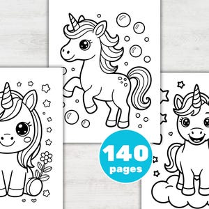 May include: Black and white line art coloring book pages featuring unicorns. The pages include various unicorn designs with stars, flowers, bubbles, and clouds. The image includes a blue circle with the text "140 pages".