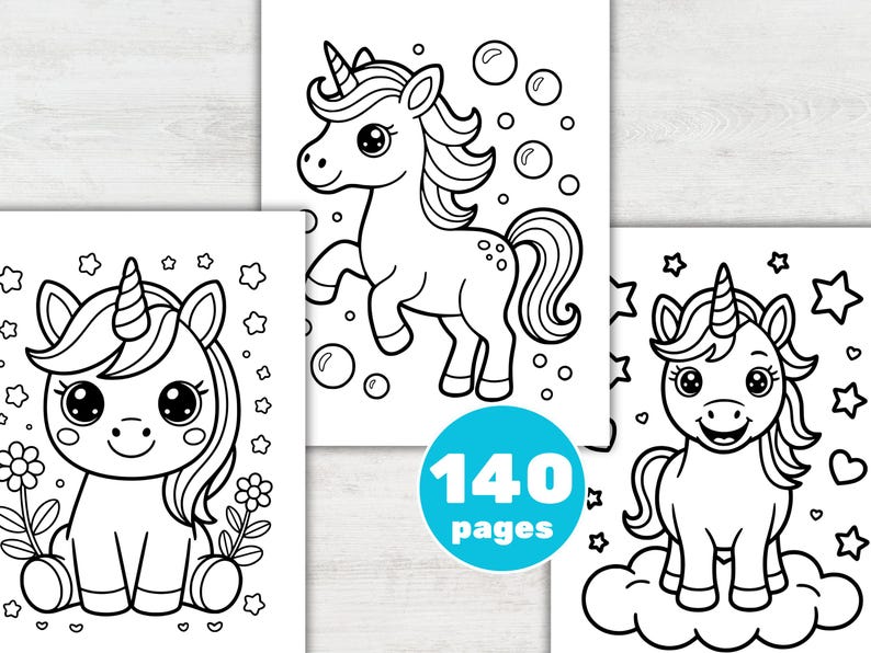 May include: Black and white line art coloring book pages featuring unicorns. The pages include various unicorn designs with stars, flowers, bubbles, and clouds. The image includes a blue circle with the text "140 pages".