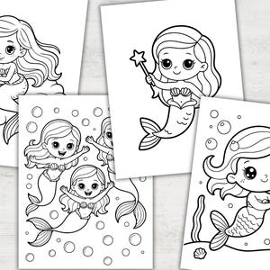 Może przedstawiać: Czarno-białe ilustracje syren na białym papierze. Syreny mają długie, płynące włosy i są przedstawione w r&oacute;żnych pozach, niekt&oacute;re trzymają rozgwiazdę lub magiczną r&oacute;żdżkę. W zestawie znajdują się r&oacute;wnież bąbelki i wodorosty.