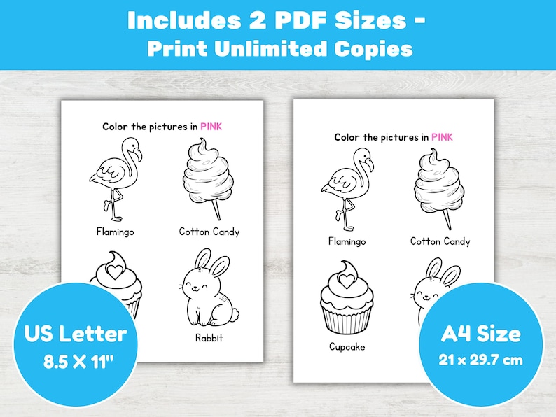 May include: Two printable coloring pages with line drawings of a flamingo, cotton candy, cupcake, and rabbit. The text reads "Color the pictures in PINK". Includes US Letter size 8.5 x 11 inch and A4 size 21 x 29.7 cm.
