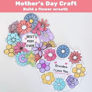 Carte imprimable à colorier pour la fête des mères, créations d'une couronne de fleurs, carte de fête des mères, enfants, activité scolaire à la maison, bricolage carte, école