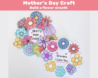 Printable Mother&#39;s Day Coloring Card, Build Your a Flower Wreath Craft, Mother&#39;s Day Card, Kids, Homeschool Activity, DIY Card, School