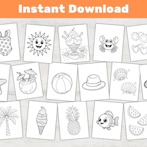 Puede incluir: Un conjunto de 16 p&aacute;ginas para colorear en blanco y negro con ilustraciones de tem&aacute;tica veraniega. Las ilustraciones incluyen un traje de ba&ntilde;o, sol, helado, cangrejo, gafas de sol, estrella de mar, coco con bebida, pelota de playa, sombrero, conchas marinas, palmera, otro helado, pi&ntilde;a, pez y rodajas de sand&iacute;a.
