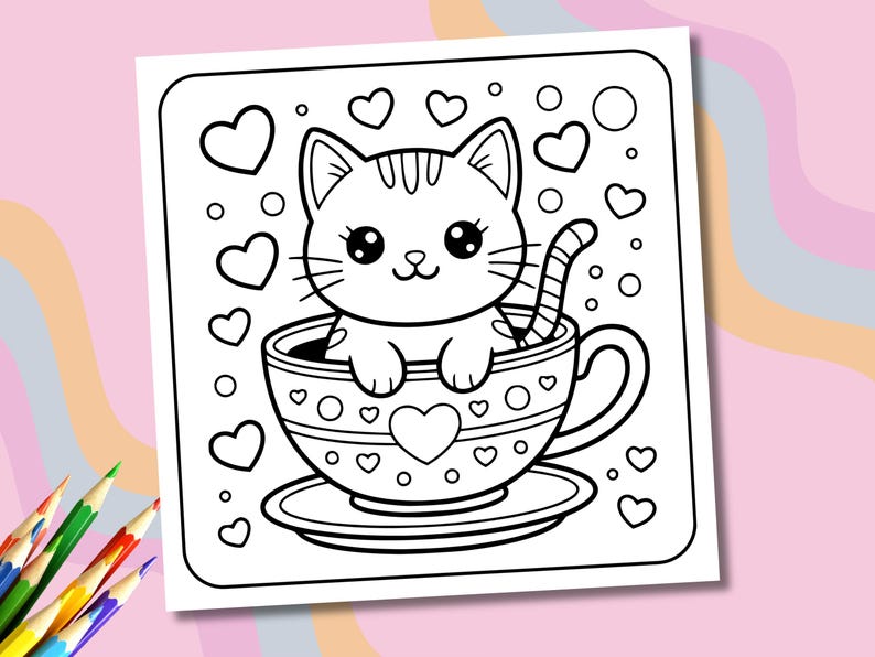 May include: Black and white line art illustration of a cute cat in a teacup, surrounded by hearts and circles. The cat has large eyes and is smiling. The teacup and saucer are decorated with hearts. Coloring book page.