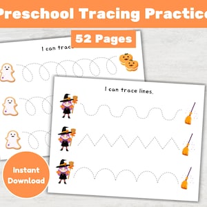 May include: Two white sheets of paper with tracing exercises for preschoolers. One sheet has ghost and pumpkin cookie illustrations. The other sheet has witch illustrations and broom illustrations. The text "Preschool Tracing Practice" is at the top.
