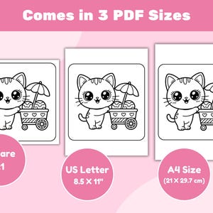 May include: Black and white line art of a cute kitten with large eyes, holding a cart with ice cream and an umbrella. The image is available in three PDF sizes: Square 1:1, US Letter 8.5 x 11 inches, and A4 size (21 x 29.7 cm).