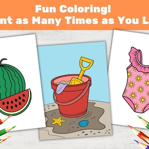 Puede incluir: Tres p&aacute;ginas para colorear en blanco y negro que representan una sand&iacute;a, un cubo y una pala, y un traje de ba&ntilde;o. &iexcl;Diversi&oacute;n para colorear! Imprime tantas veces como quieras.