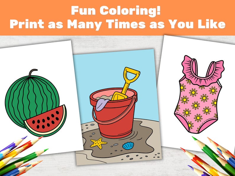 Puede incluir: Tres p&aacute;ginas para colorear en blanco y negro que representan una sand&iacute;a, un cubo y una pala, y un traje de ba&ntilde;o. &iexcl;Diversi&oacute;n para colorear! Imprime tantas veces como quieras.