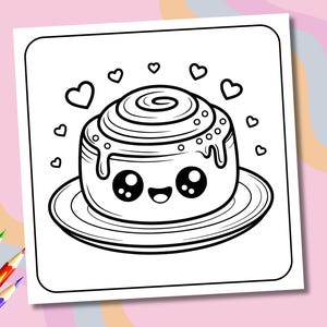 May include: Black and white line art illustration of a smiling cinnamon roll on a plate, surrounded by hearts. The roll has a cute face and is decorated with icing. Perfect for coloring.