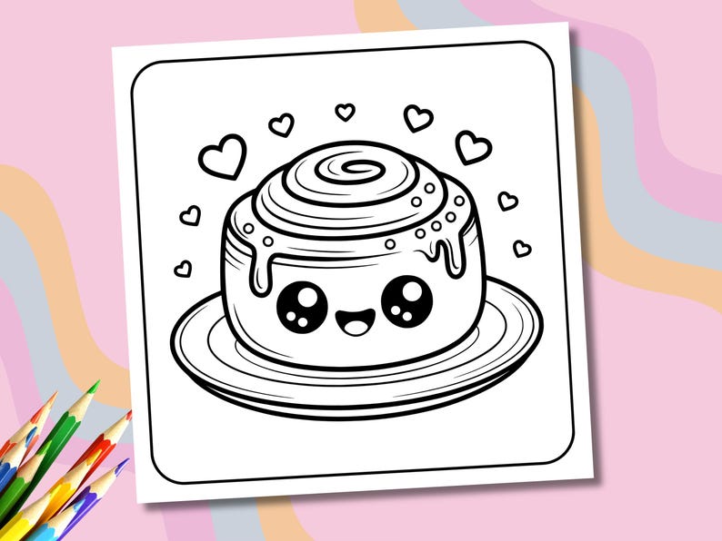 May include: Black and white line art illustration of a smiling cinnamon roll on a plate, surrounded by hearts. The roll has a cute face and is decorated with icing. Perfect for coloring.