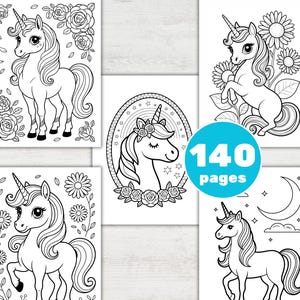 May include: A collection of black and white unicorn coloring pages. The illustrations feature unicorns with flowing manes, surrounded by flowers and stars. A blue circle indicates "140 pages".