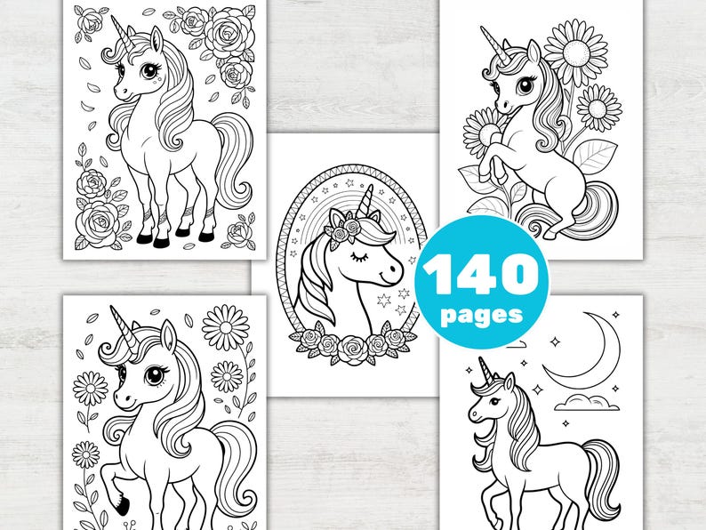 May include: A collection of black and white unicorn coloring pages. The illustrations feature unicorns with flowing manes, surrounded by flowers and stars. A blue circle indicates "140 pages".