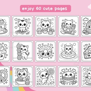 May include: Black and white illustrations of cute cats with desserts. Each square features a different cat with a sweet treat, such as cake, donuts, and cupcakes. The text "enjoy 60 cute pages" is at the top.
