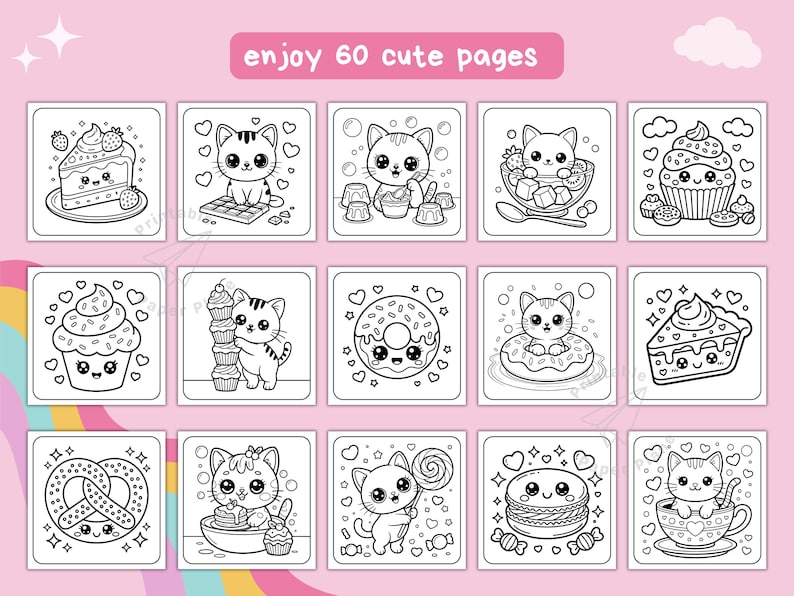 May include: Black and white illustrations of cute cats with desserts. Each square features a different cat with a sweet treat, such as cake, donuts, and cupcakes. The text "enjoy 60 cute pages" is at the top.