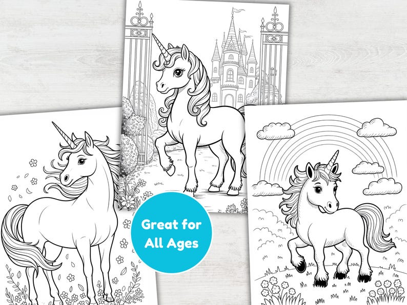 May include: Black and white line art illustrations of unicorns. One unicorn stands before a castle, another in a field of flowers, and a third under a rainbow. The text "Great for All Ages" is on a blue circle.