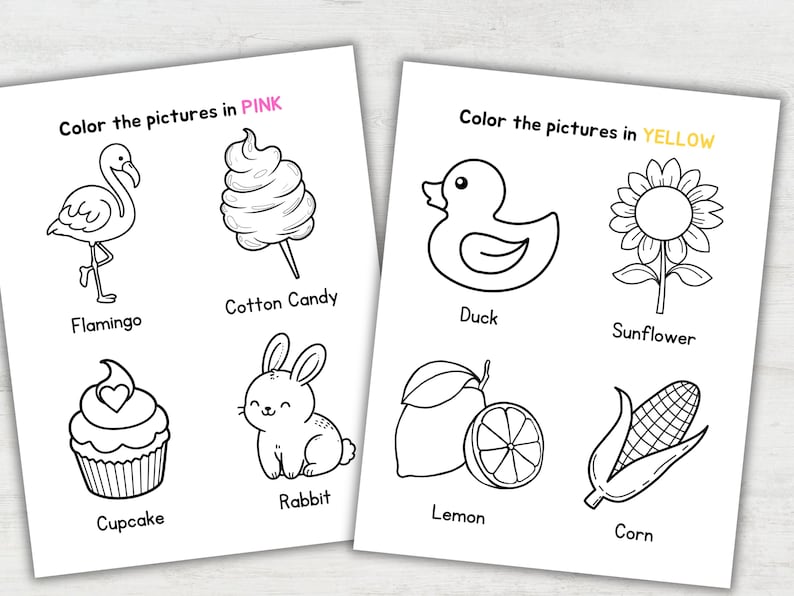 May include: Two coloring pages with black and white illustrations of various objects. One page says "Color the pictures in PINK" and features a flamingo, cotton candy, cupcake, and rabbit. The other page says "Color the pictures in YELLOW" and features a duck, sunflower, lemon, and corn.