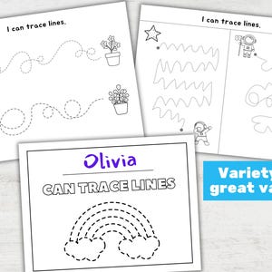 May include: Three black and white tracing worksheets with the text "I can trace lines." One worksheet features a rainbow, another has a watering can and plants, and the third has an astronaut and a UFO. The text "Olivia CAN TRACE LINES" is also visible.