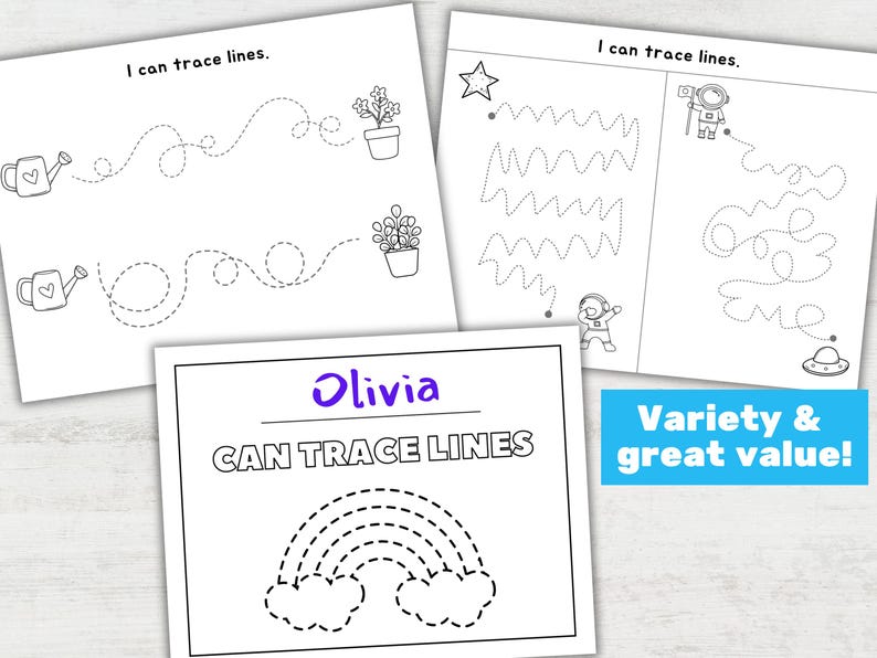 May include: Three black and white tracing worksheets with the text "I can trace lines." One worksheet features a rainbow, another has a watering can and plants, and the third has an astronaut and a UFO. The text "Olivia CAN TRACE LINES" is also visible.