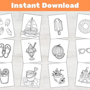 Puede incluir: Un conjunto de 12 p&aacute;ginas para colorear en blanco y negro con ilustraciones de tem&aacute;tica veraniega. Las ilustraciones incluyen un velero, helado, chanclas, una sand&iacute;a, gafas de sol, un castillo de arena, un cubo y una pala, un coco y una dona.