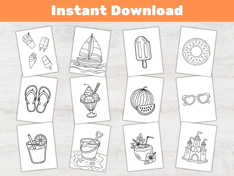 Puede incluir: Un conjunto de 12 p&aacute;ginas para colorear en blanco y negro con ilustraciones de tem&aacute;tica veraniega. Las ilustraciones incluyen un velero, helado, chanclas, una sand&iacute;a, gafas de sol, un castillo de arena, un cubo y una pala, un coco y una dona.