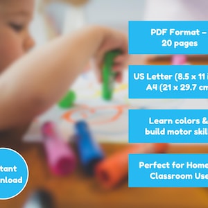May include: A child's drawing activity with colorful crayons. The image includes text that says "PDF Format - 20 pages", "US Letter (8.5 x 11 in) & A4 (21 x 29.7 cm)", and "Learn colors & build motor skills". The product is an instant download.
