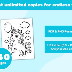 May include: A black and white line drawing of a unicorn holding a balloon, with clouds, on a white background. The image includes the text "Print unlimited copies for endless fun!" and "140 pages". The image is available in PDF & PNG formats and US Letter (8.5 x 11") size.