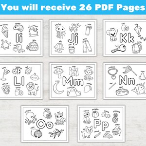 May include: Black and white illustrations of objects and words, each starting with a letter of the alphabet, are displayed on individual square pages. The text at the top says "You will receive 26 PDF Pages."