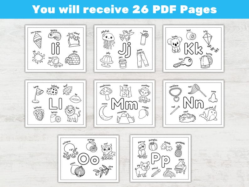 May include: Black and white illustrations of objects and words, each starting with a letter of the alphabet, are displayed on individual square pages. The text at the top says "You will receive 26 PDF Pages."