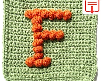 Letter F Bobble Popcorn Stitch Crochet Pattern for Baby Afghan Blanket Granny Square